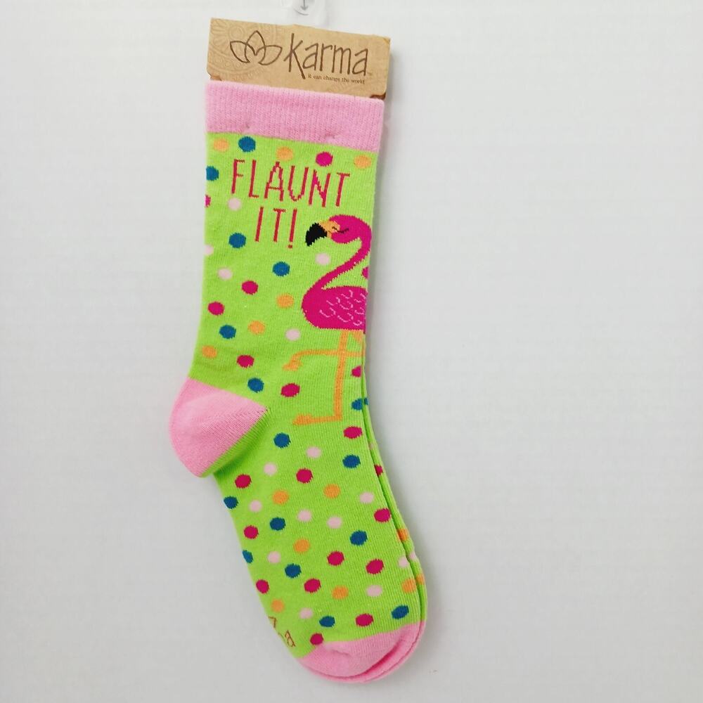 Women Boy Sock Crew Karma Flaunt It Flamingo Cotton Gift Green Blue NWT NEW